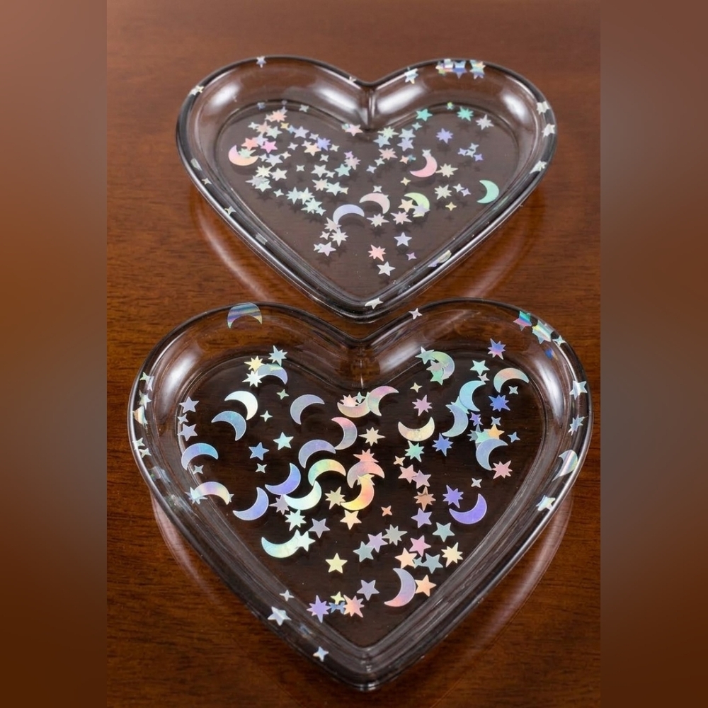 Handmade Resin Heart Trinket Trays Holographic Celestial Moon Star Jewelry